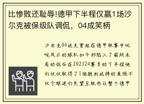 比惨败还耻辱!德甲下半程仅赢1场沙尔克被保级队调侃，04成笑柄